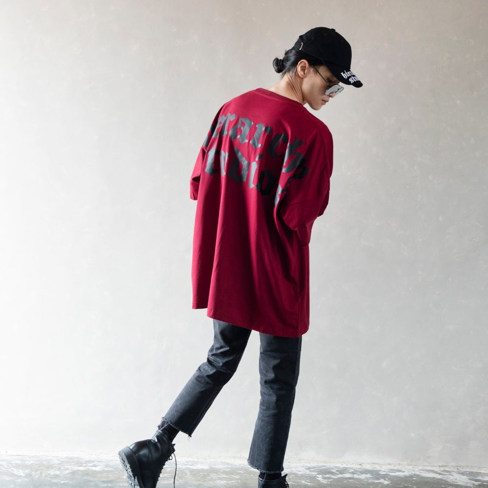 Hierarchy Studios - Maroon Wide Logo Oversized T-Shirt