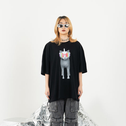 HIERARCHY STUDIOS New Error - Black Cyber Kitty Oversized T-Shirt