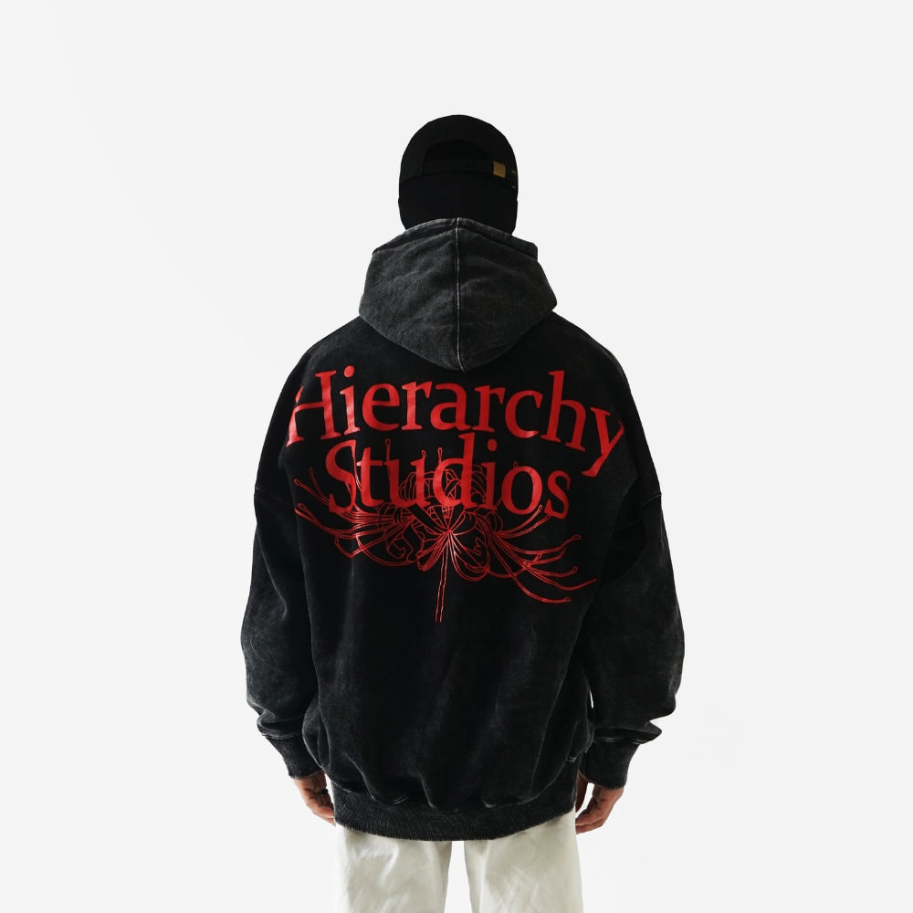 Hierarchy Studios - Washed Black Wide Spider Lily Oversized Hoodie