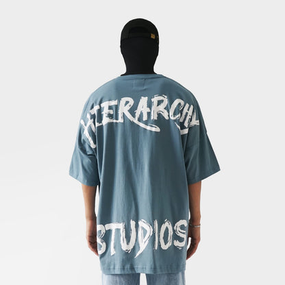 Hierarchy Studios - Wide Calligraphy Logo Oversized T-Shirt Blue