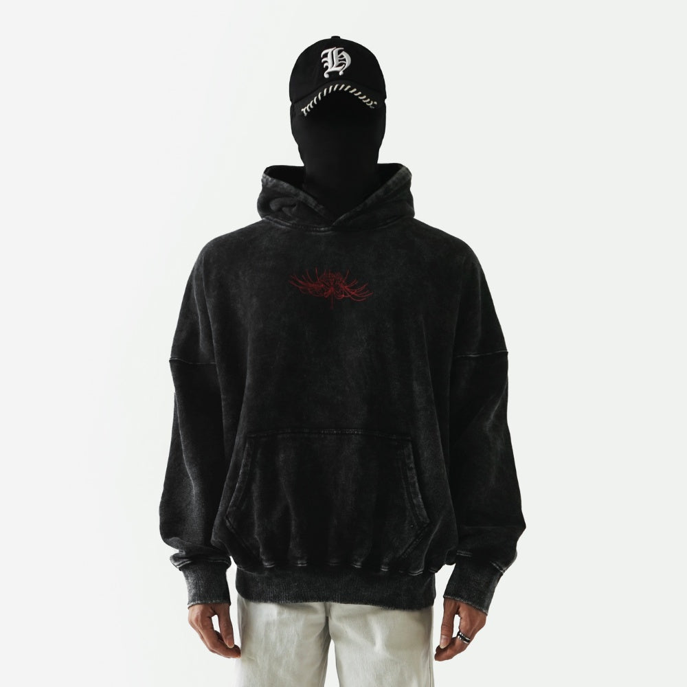 Hierarchy Studios - Washed Black Wide Spider Lily Oversized Hoodie