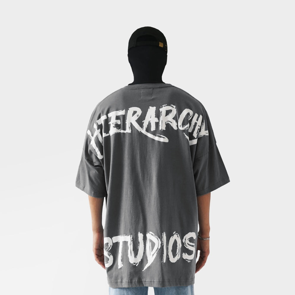 Hierarchy Studios - Wide Calligraphy Logo Oversized T-Shirt Grey