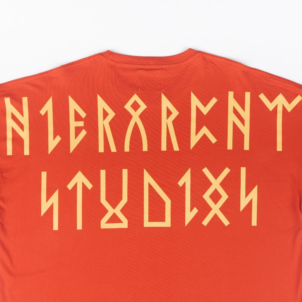 Hierarchy Studios - Runic Wide Logo Oversized T-Shirt Brick Red