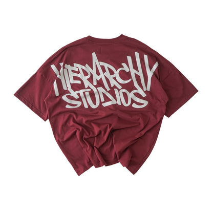 Hierarchy Studios - Graffiti Wide Logo Oversized T-Shirt Maroon