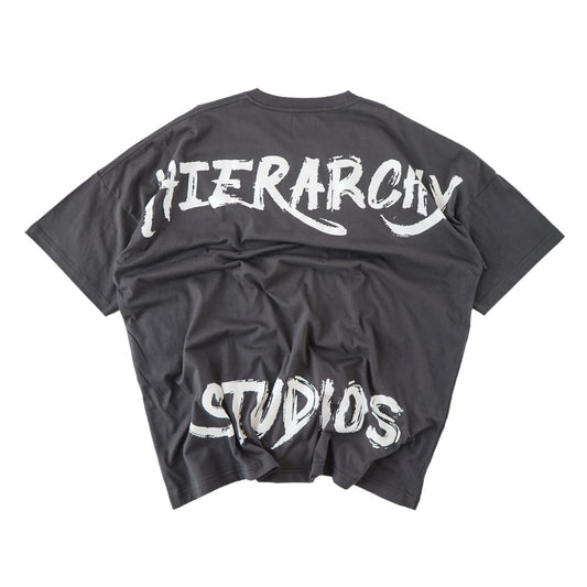 Hierarchy Studios - Wide Calligraphy Logo Oversized T-Shirt Grey