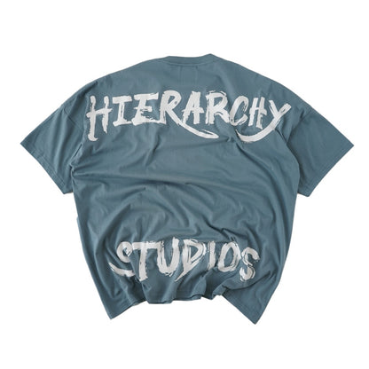 Hierarchy Studios - Wide Calligraphy Logo Oversized T-Shirt Blue